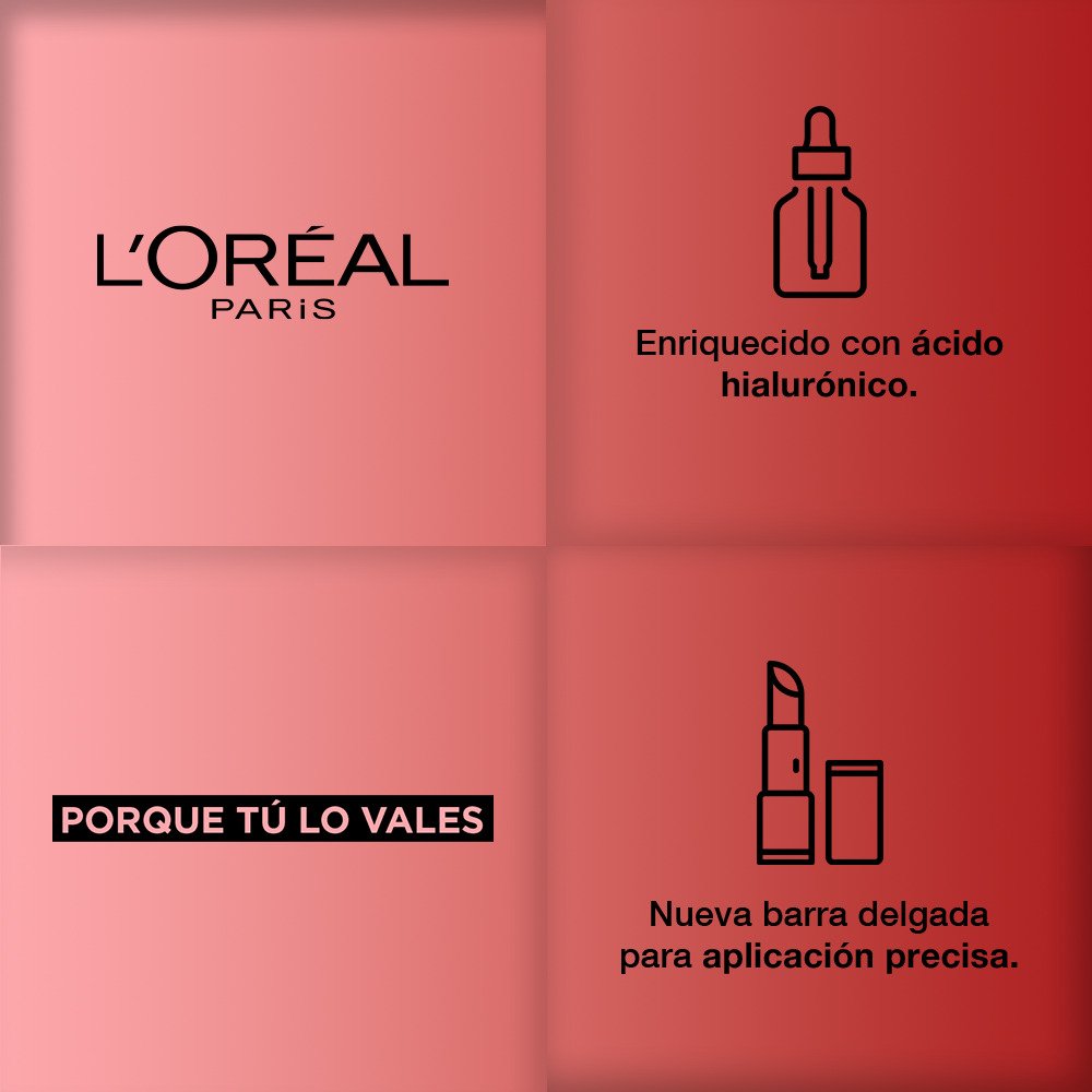 Logo L'Oréal Paris. Enriquecido con Ácido Hialurónico. Porque tú lo vales, nueva barra delgada para aplicación precisa Colombia.